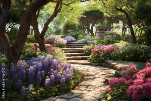 an alley of tranquility  a garden with flowering bushes  flowers and trees in summer or spring  created with Generative AI Technology