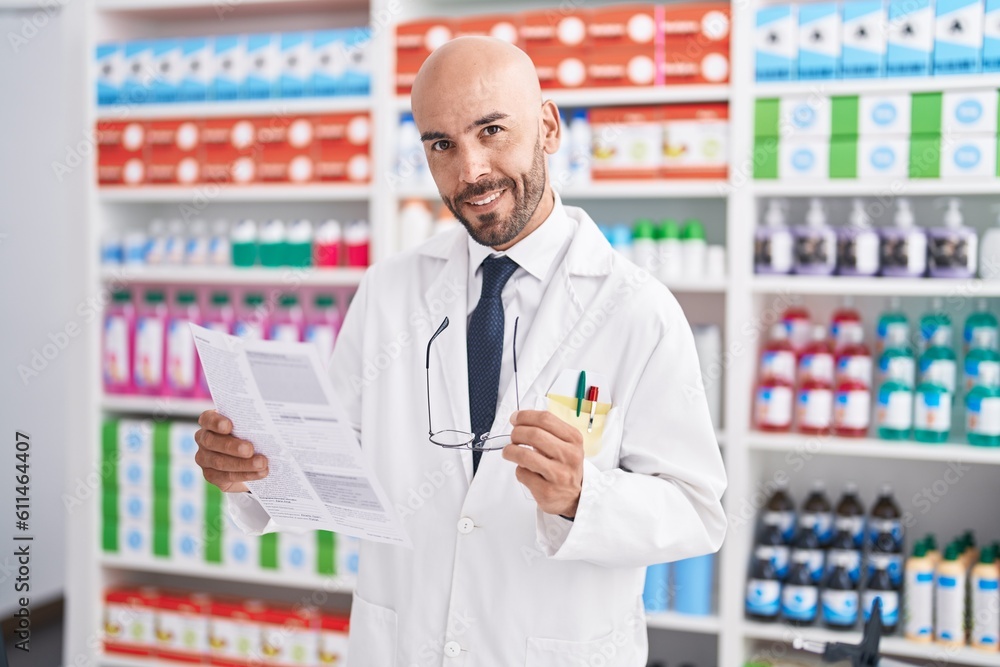 Young bald man pharmacist reading prescription at pharmacy Young bald man pharmacist reading prescription at pharmacy