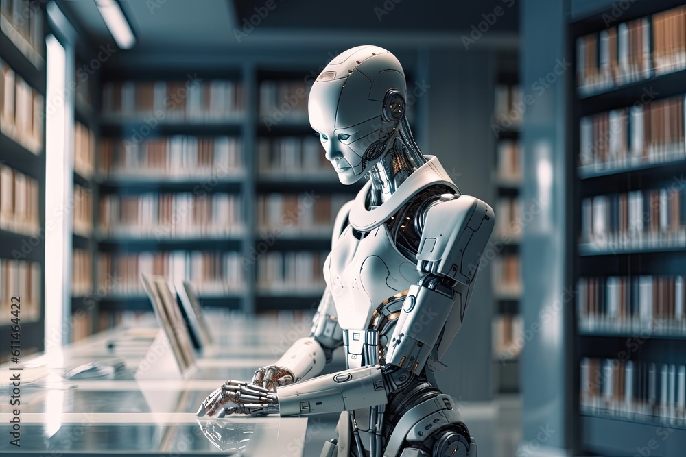 3d rendering humanoid robot working in library with bookshelf on background, Futuristic AI robot librarian in a library, AI Generated 3d rendering humanoid robot working in library with bookshelf on background, Futuristic AI robot librarian in a library, AI Generated