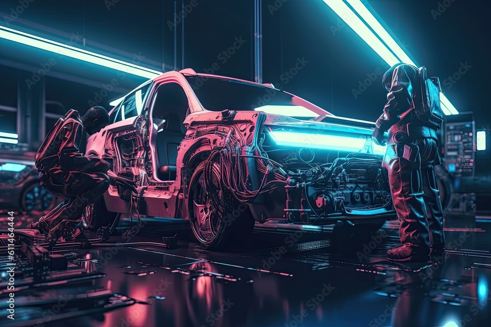 3d rendering of a group of auto mechanics working in a garage, Futuristic AI robot mechanic repairing cars, AI Generated