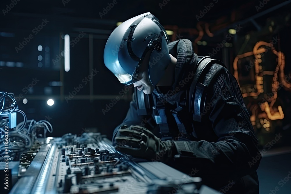 Technician working at the factory. Portrait of young man in protective helmet and goggles working on industrial equipment. Futuristic AI robot mechanical engineer working, AI Generated