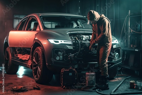 Handsome bearded man in a hoodie is repairing a car. Futuristic AI robot mechanic repairing cars, AI Generated
