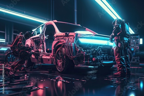 3d rendering of a group of auto mechanics working in a garage, Futuristic AI robot mechanic repairing cars, AI Generated