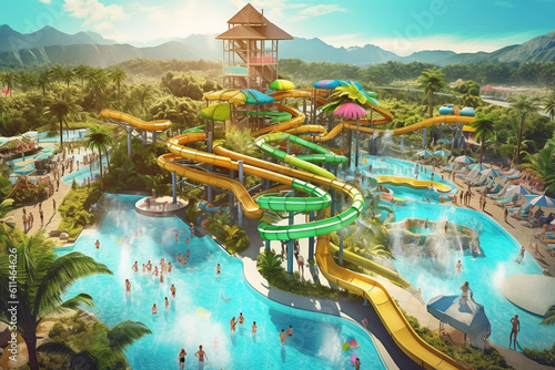 Summer water amusement park with rides and tubes, created with Generative AI Technology photo