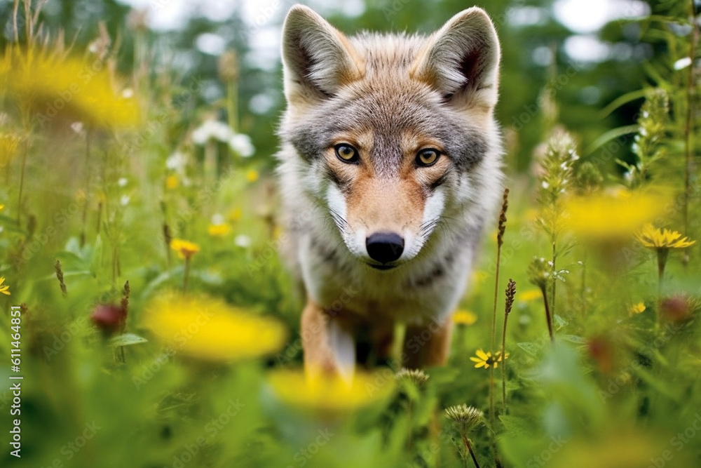 Obraz premium Wild wolf walking on meadow in forest, created with Generative AI Technology
