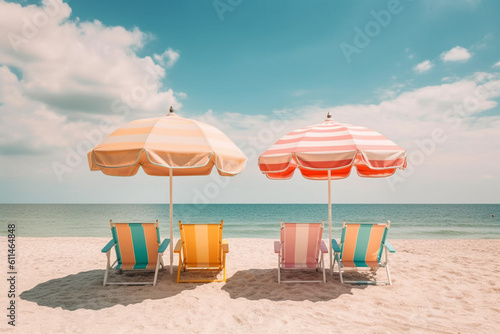 two sun loungers on a sandy tropical beach in summer, the concept of a summer holiday at sea, created with Generative AI Technology