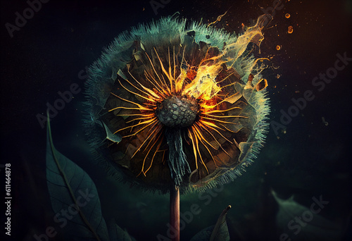 Burning dandelion on a black background. AI Generated
