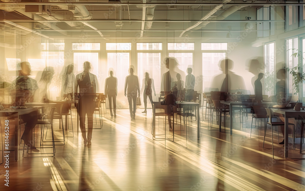 Blurred silhouettes of people in an office space. 