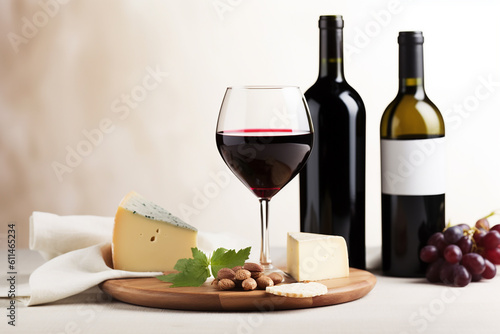 Red wine and plate of cheese. Generative AI