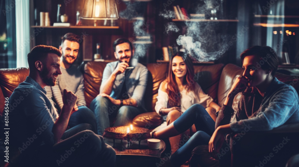 Group of friends sitting on sofa making party and smoking together. Generative AI. Group of friends sitting on sofa making party and smoking together. Generative AI.