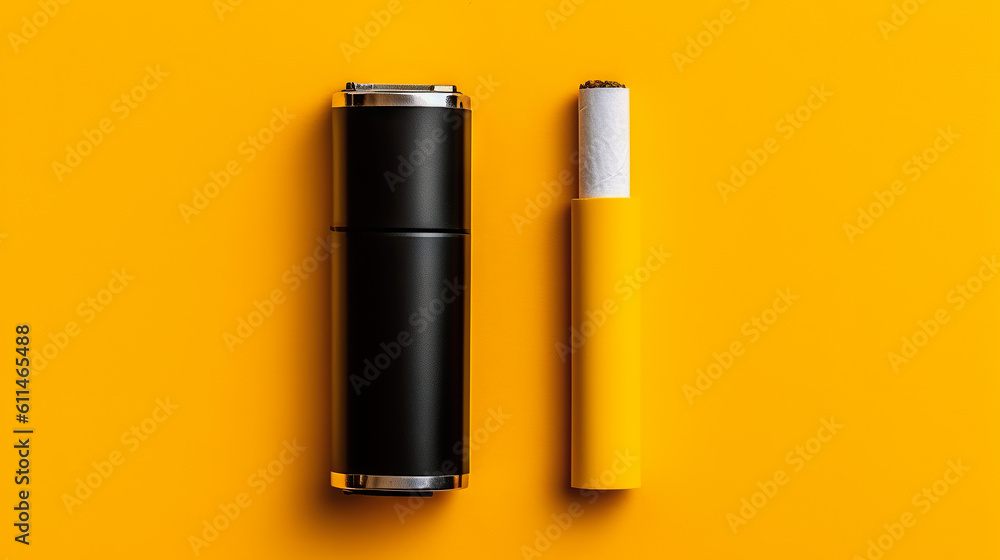 Cigarette and electronic tobacco smoking system isolated on yellow background. Top view. Generative AI.