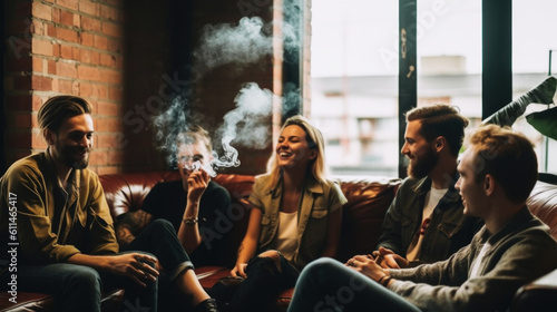 Have a great mood. Young people smoking marijuana, relaxing with friends on the sofa at home. Generative AI.
