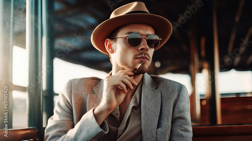 Foto Portrait of handsome young classic man in hat and sunglasses sitting and smoking
