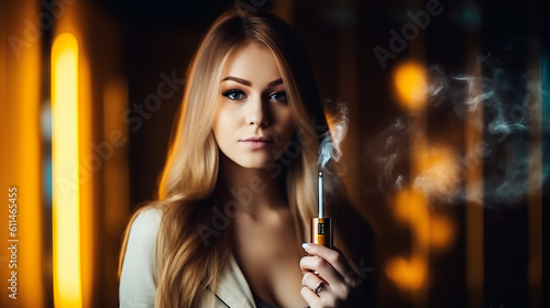 Portrait of a beautiful young woman smoking electronic cigarette in a dark room. Generative AI.