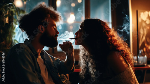 Young couple in love sitting and enjoy smoking cannabis marijuana at home. Generative AI.
