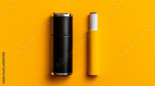 Cigarette and electronic tobacco smoking system isolated on yellow background. Top view. Generative AI.