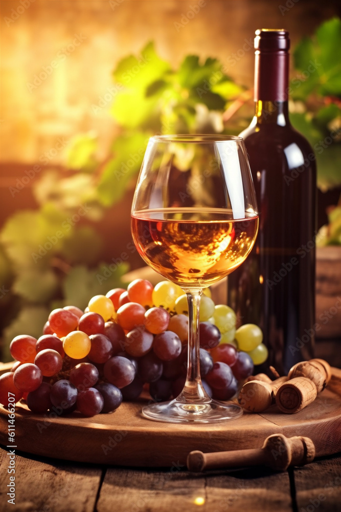 wine bottle alcohol winery drink grape beverage sunny glass background food. Generative AI.
