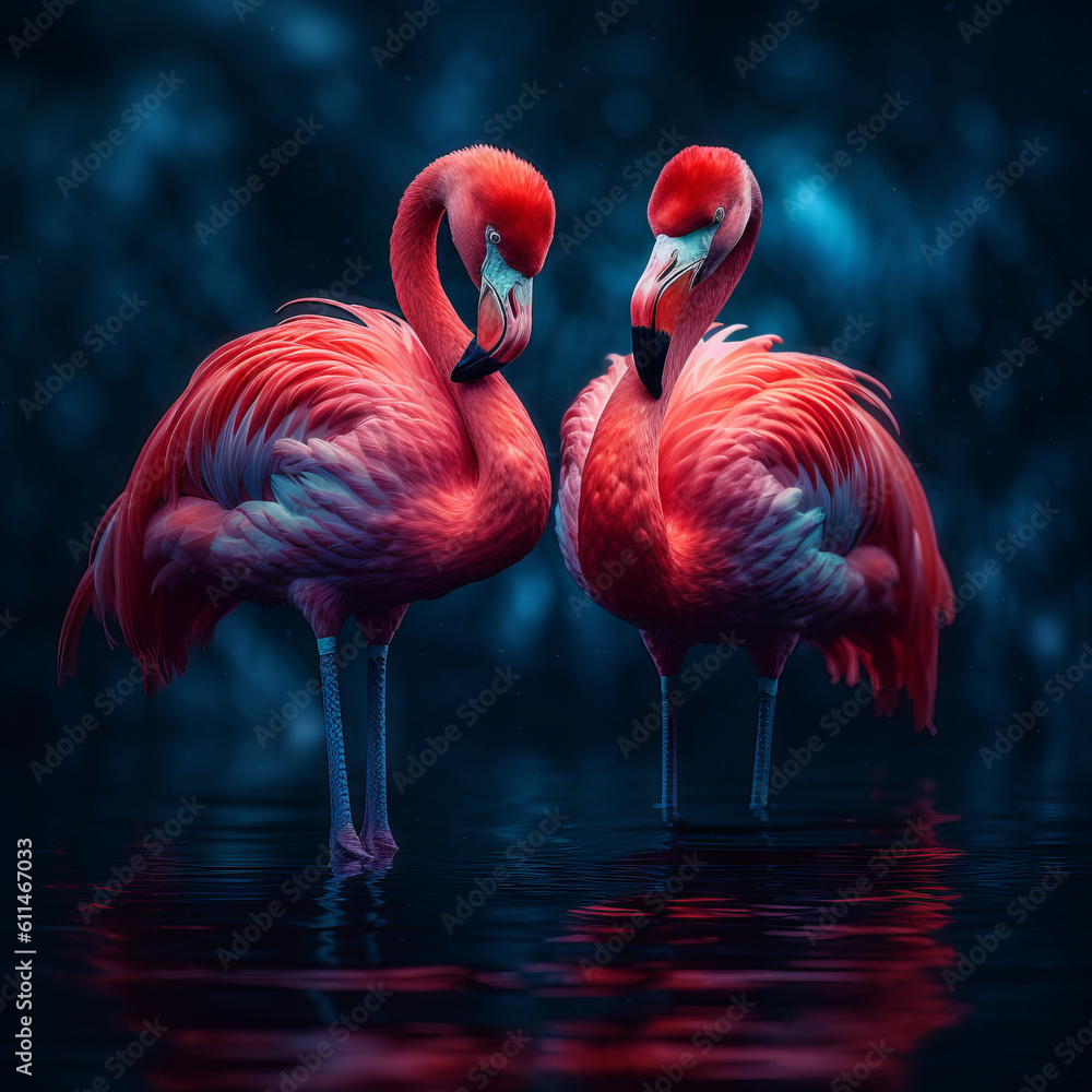 Fototapeta premium Gruppe von roten Flamingos - brillante Farben