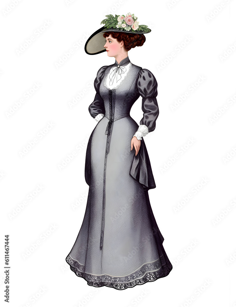 Vintage Lady Transparent PNG Clip Art created with Generative AI with Grey dress and a Hat Edwardian Victorian Fashion Cartoon Style Romantic Flowers