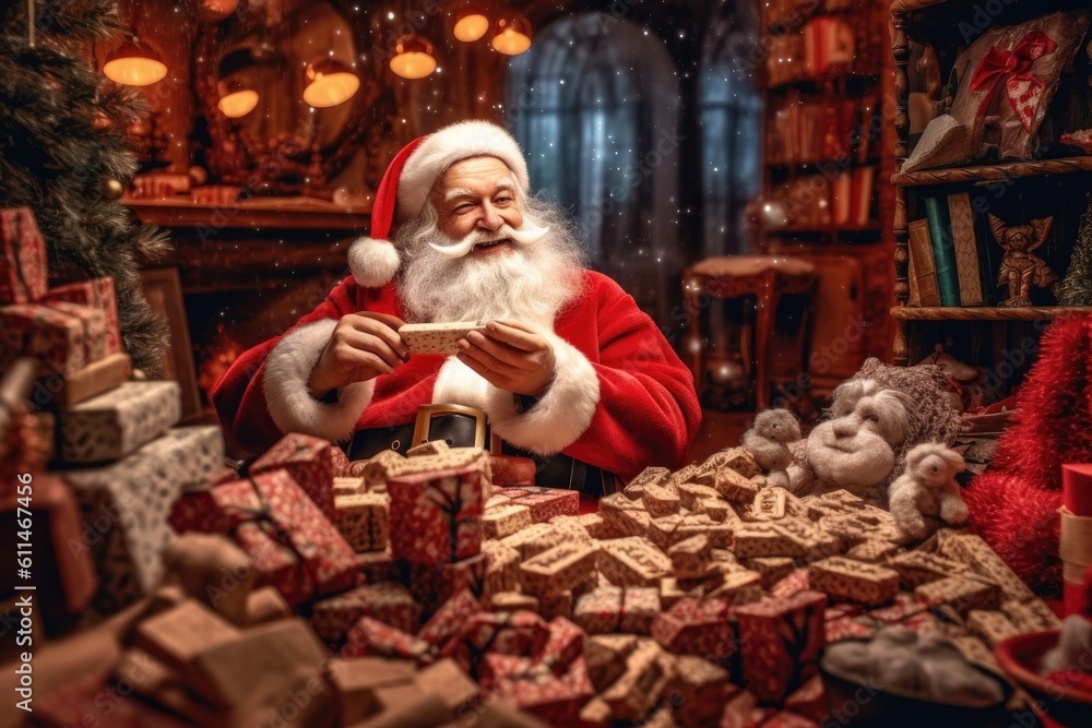 santa claus with christmas gifts - Illustration created with generative ai