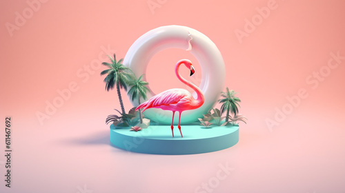 Generative Ai Illustration. Tropical background with pink flamingo. © Evis