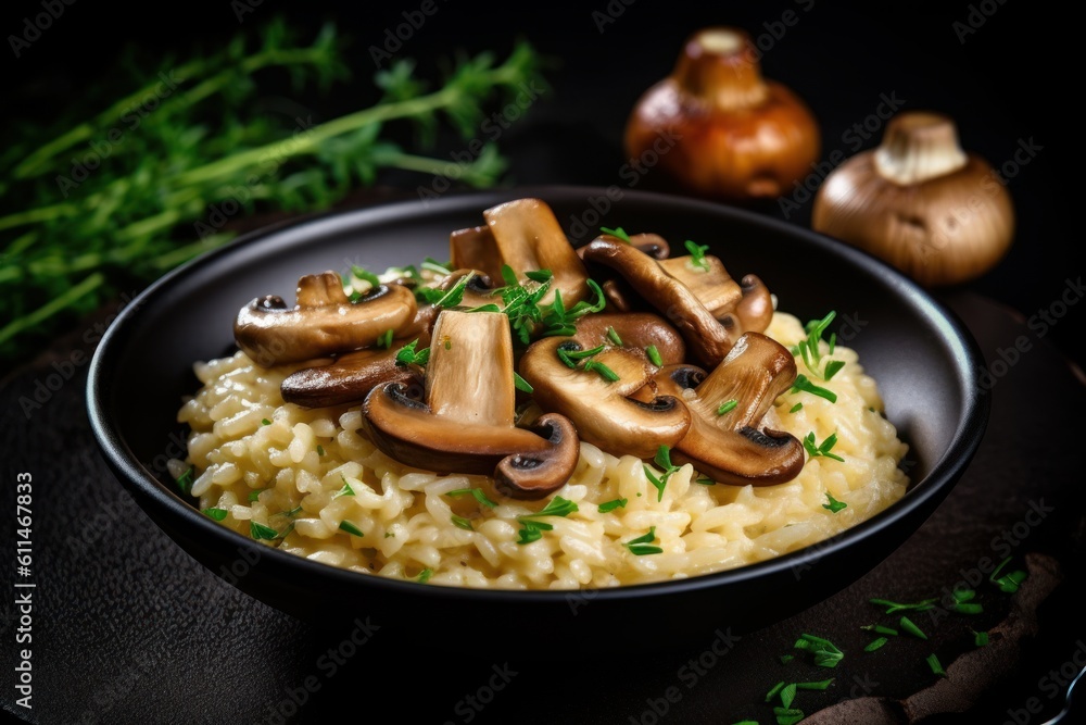 delicious rice with mushrooms and rosemary. Generative AI delicious rice with mushrooms and rosemary. Generative AI