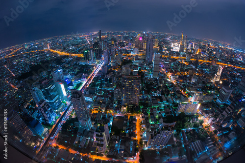 Aerial view of Bangkok city overlook Bangkok city  tiny world  high rise building  road  fish eyes lenses  Tourist destination in Thailand.