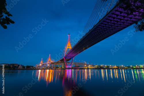 Bhumibol Bridge at night in Bangkok city of Thailand photo
