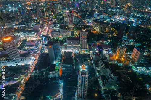 Aerial view of Bangkok city overlook Bangkok city, tiny world, high rise building, road, Tourist destination in Thailand.