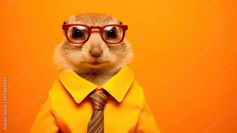 Quirky Little Meerkat Wearing Sunglasses Against an Orange Background - Generative AI