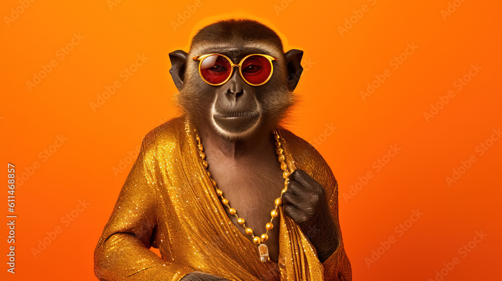 Quirky Little Monkey Wearing Sunglasses on an Orange Background - Generative AI Quirky Little Monkey Wearing Sunglasses on an Orange Background - Generative AI