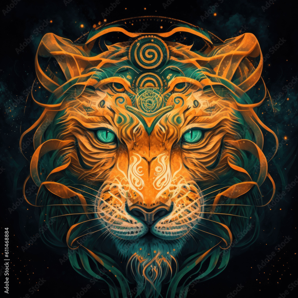 Generative AI. Ilustration of a beautiful and colorful tiger in psychedelic art, as a totemic animal	