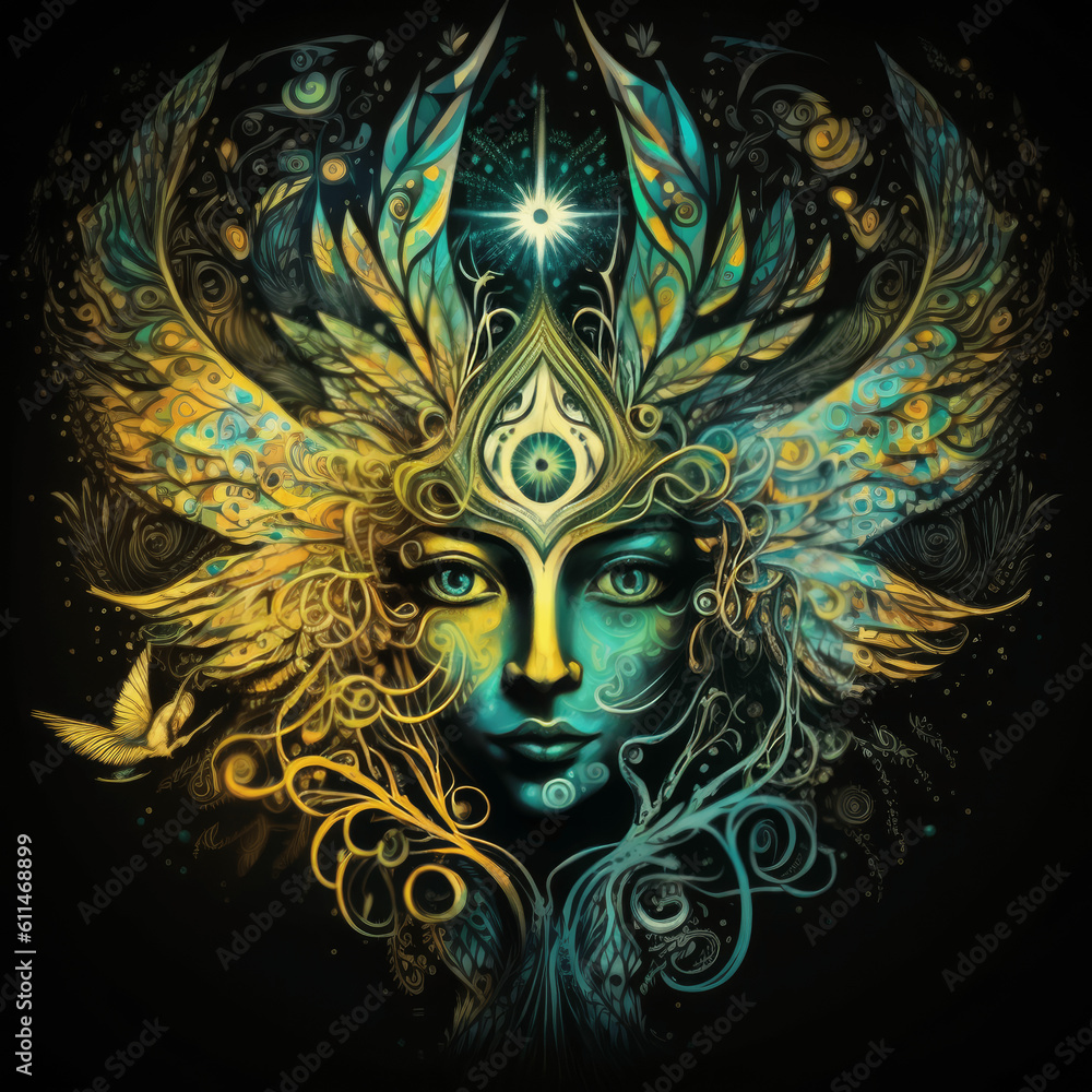 Generative AI. Ilustration of a beautiful and colorful fairy portrait in psychedelic art, as a totemic animal Generative AI. Ilustration of a beautiful and colorful fairy portrait in psychedelic art, as a totemic animal