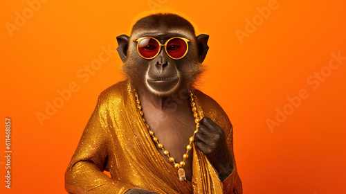 Quirky Little Monkey Wearing Sunglasses on an Orange Background - Generative AI