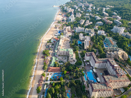 Aerial view of the beach and hotels in Golden Sands, Zlatni Piasaci. Varna, Bulgaria