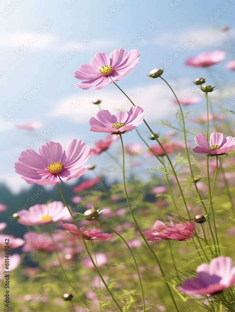 pink cosmos flowers in field generative AI pink cosmos flowers in field generative AI