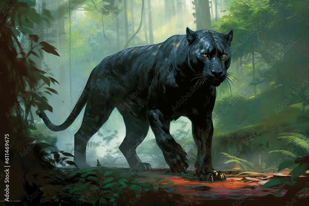 Illustration of Malaysian black panther in the jungle Generative Ai
