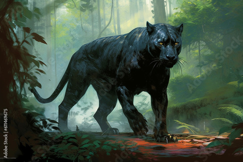 Illustration of Malaysian black panther in the jungle Generative Ai © cn0ra