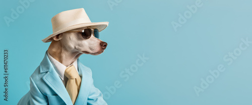 Fototapeta Naklejka Na Ścianę i Meble -  Cool looking dog wearing funky fashion dress - jacket, tie, glasses. Wide banner with space for text right side. Stylish animal posing as supermodel. Generative AI