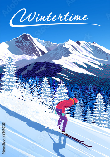 Winter landscape with skier on skiing slope, forest and mountains in the background. Handmade drawing vector illustration. Can be used as poster, banner etc.