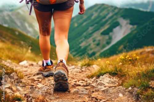 Hiking in the mountains Female legs with sports. Generative AI