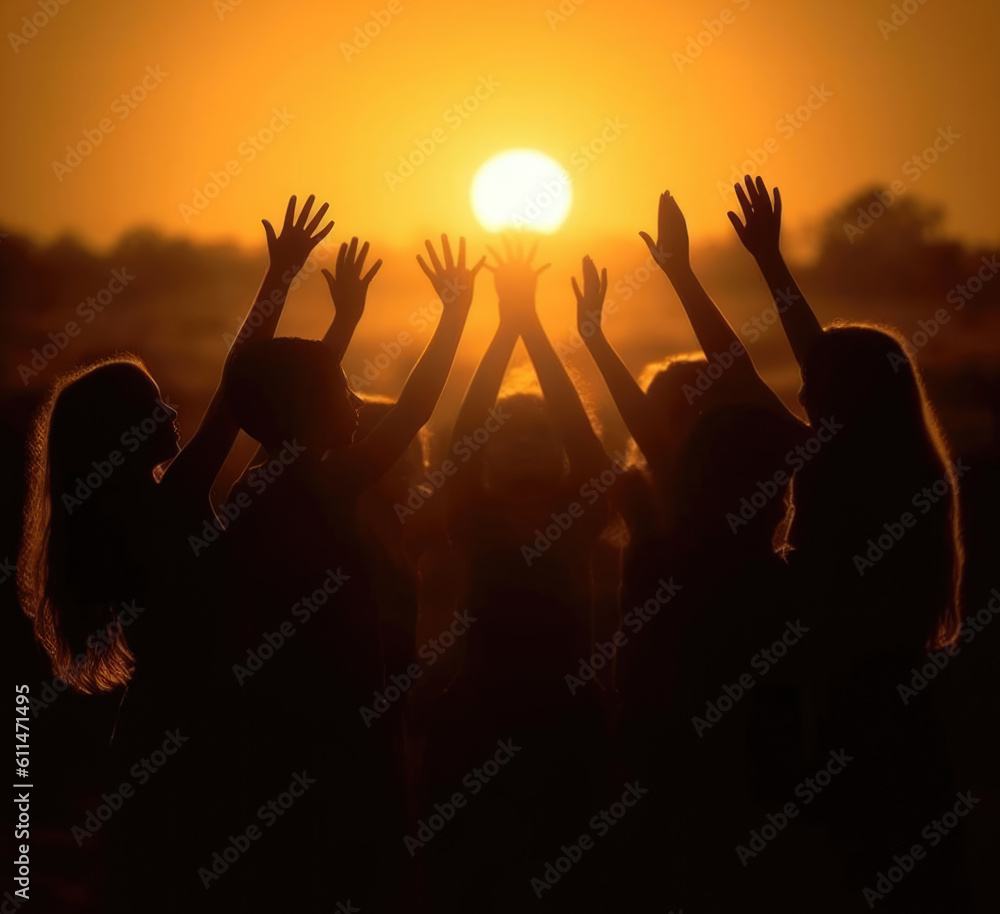 Friends silhouettes with raised arms at summer sunset in nature