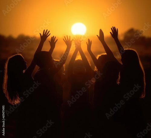 Friends silhouettes with raised arms at summer sunset in nature