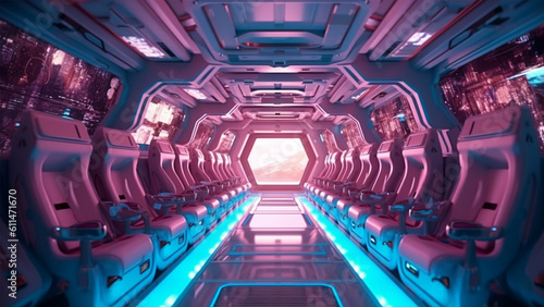 Futuristic space station or spaceship interior corridor. Science fiction concept 3D rendering.