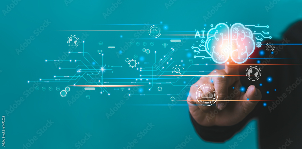 Human hand touching AI smart brain icon to manage big data and ...