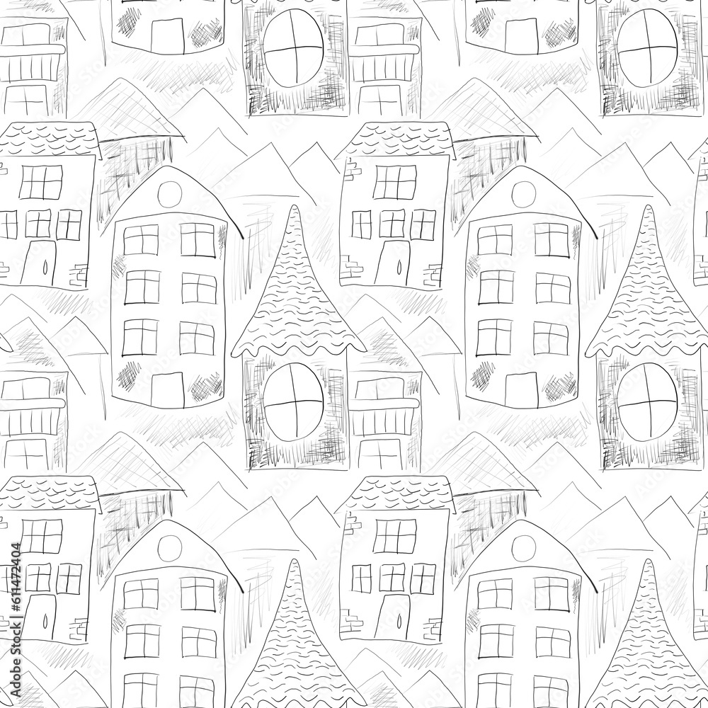 Seamless pattern with houses drawn in black pencil on a white background.