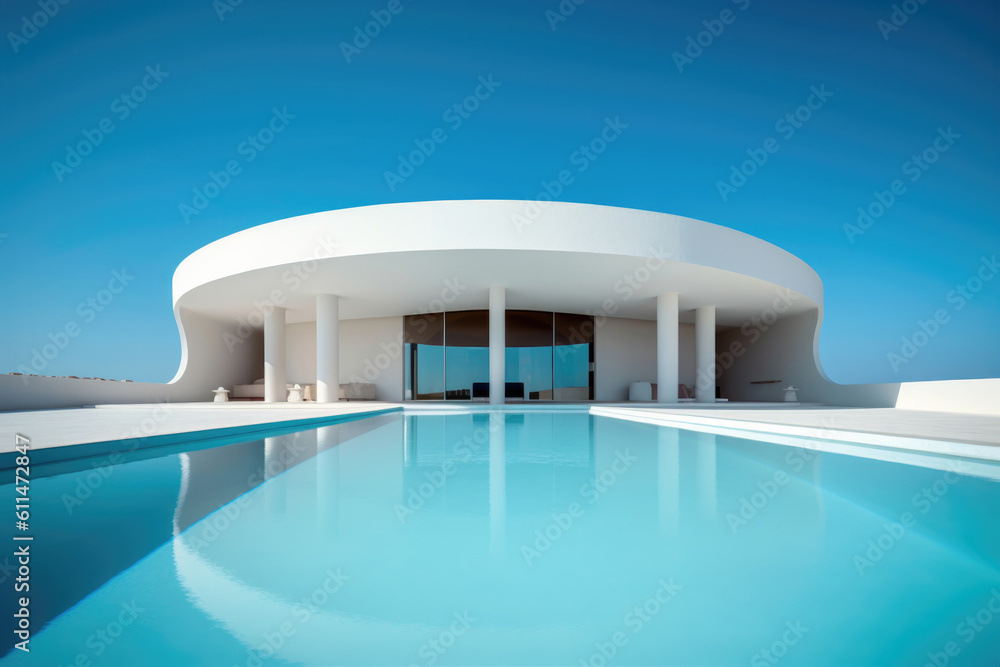 Fototapeta premium Modern House with Swimming Pool on Sea Background