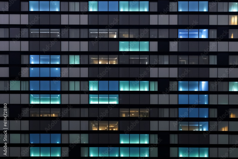Seamless skyscraper facade with blue tinted windows and blinds at night ...
