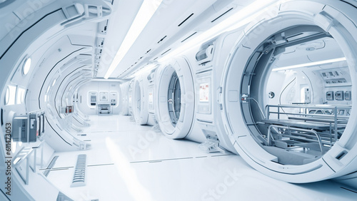 Fototapeta Naklejka Na Ścianę i Meble -  Futuristic space station or spaceship interior corridor. Science fiction concept 3D rendering.