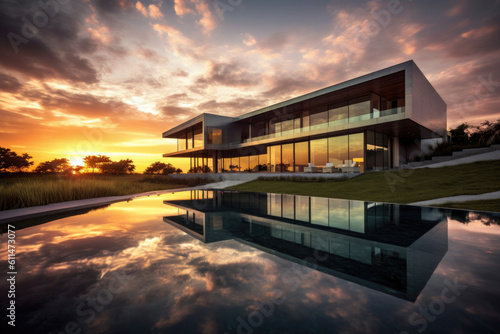 Luxury Villa with Infinity Pool and Sunset Reflection